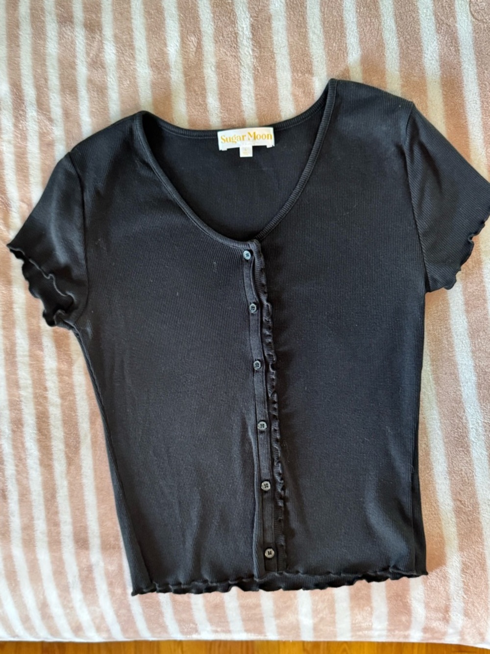 Sugar Black Short Sleeve Ruffled Button-Front Top